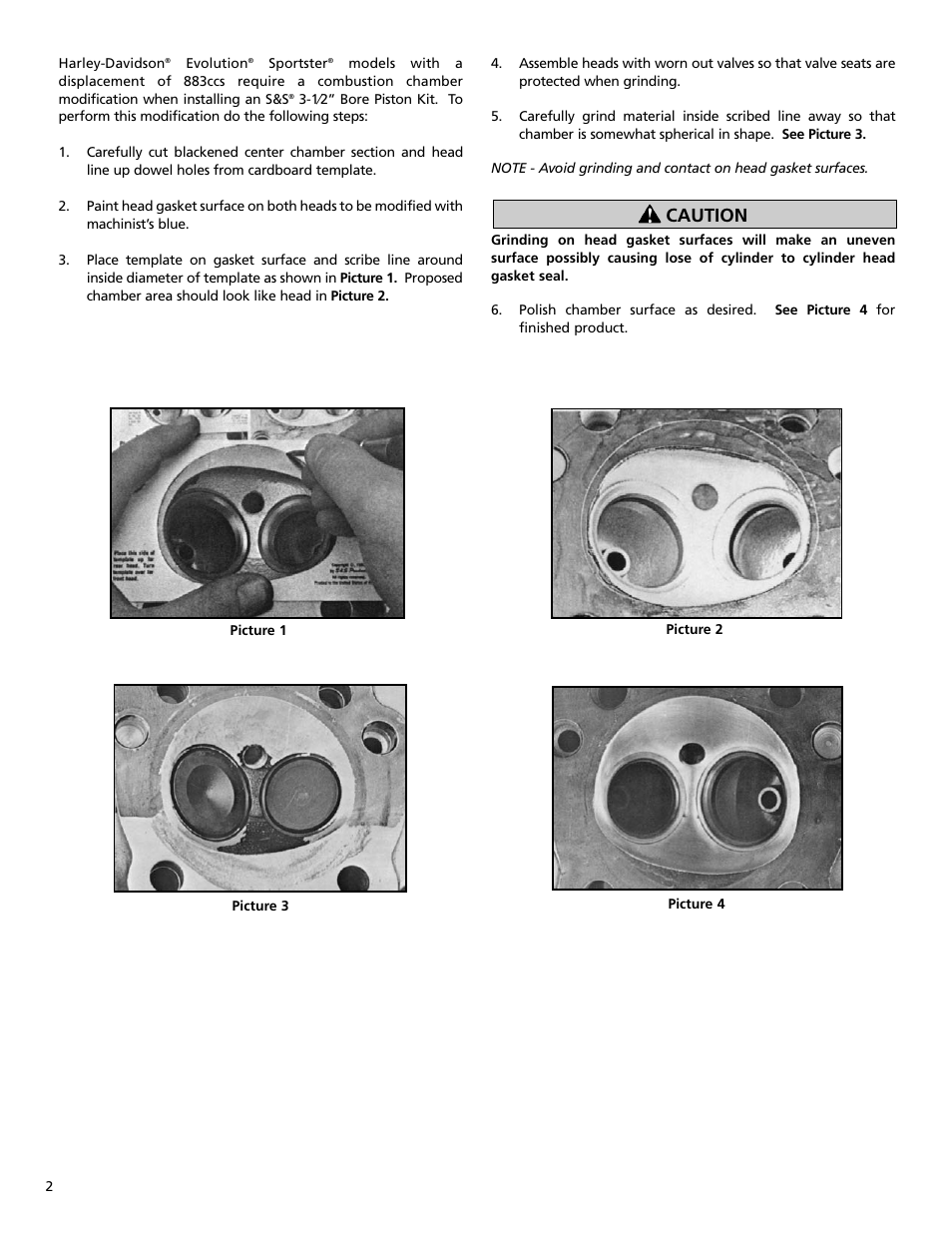 Caution | S&S Cycle Combustion Chamber Modification (Early Chamber) User Manual | Page 2 / 4