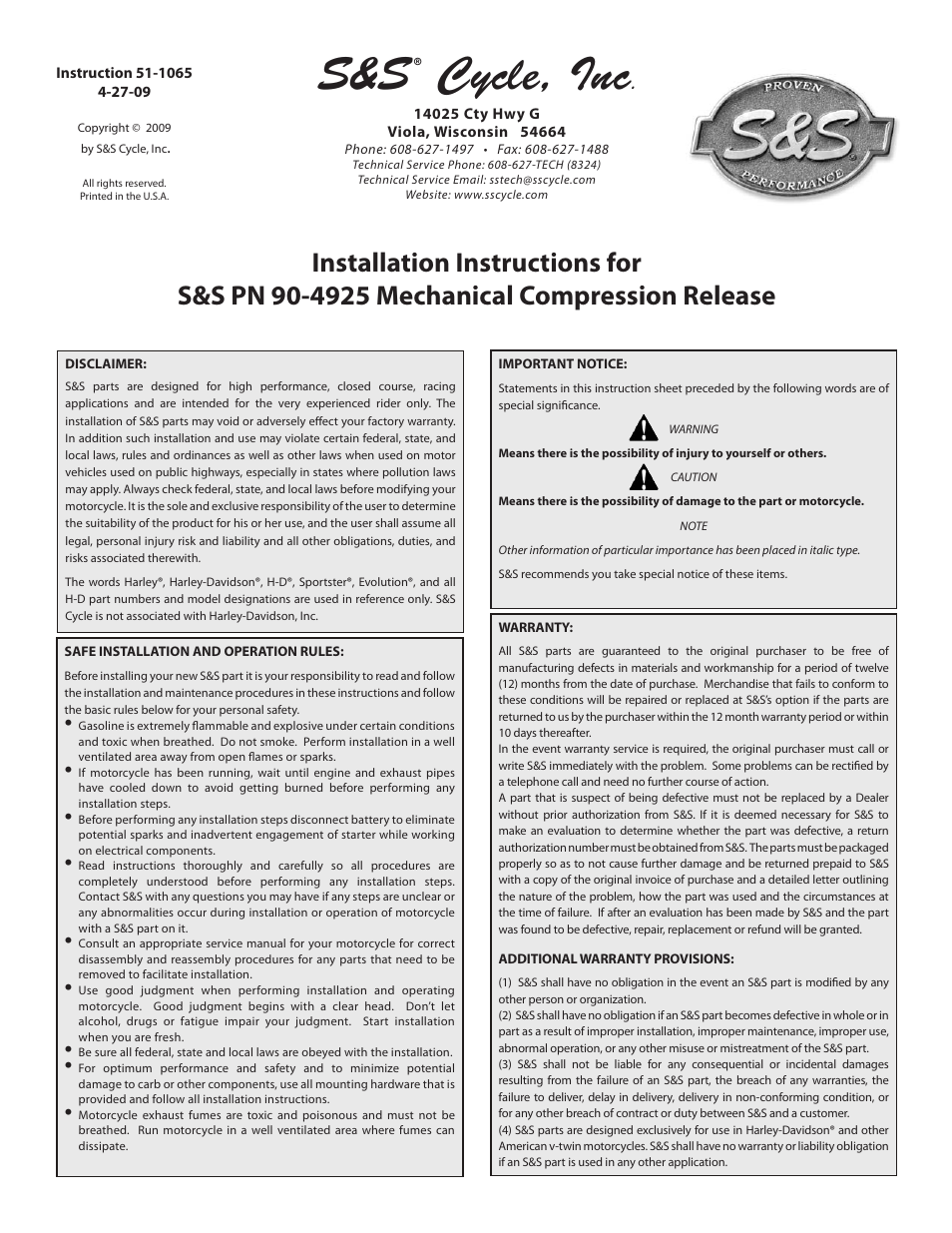 S&S Cycle Mechanical Compression Release PN 90-4925 User Manual | 4 pages