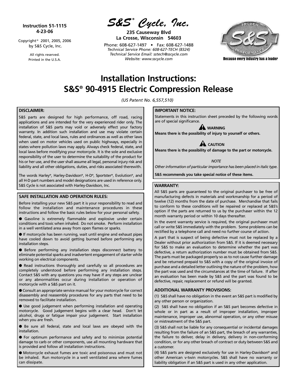 S&S Cycle Electric Compression Release PN 90-4915 User Manual | 4 pages