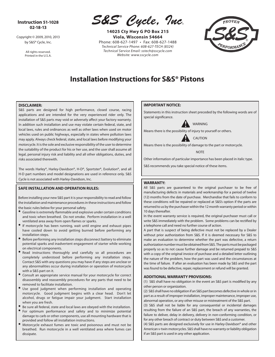 S&S Cycle Pistons User Manual | 6 pages