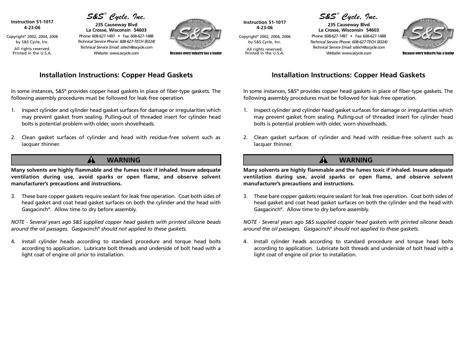 S&S Cycle Copper Head Gaskets User Manual | 1 page