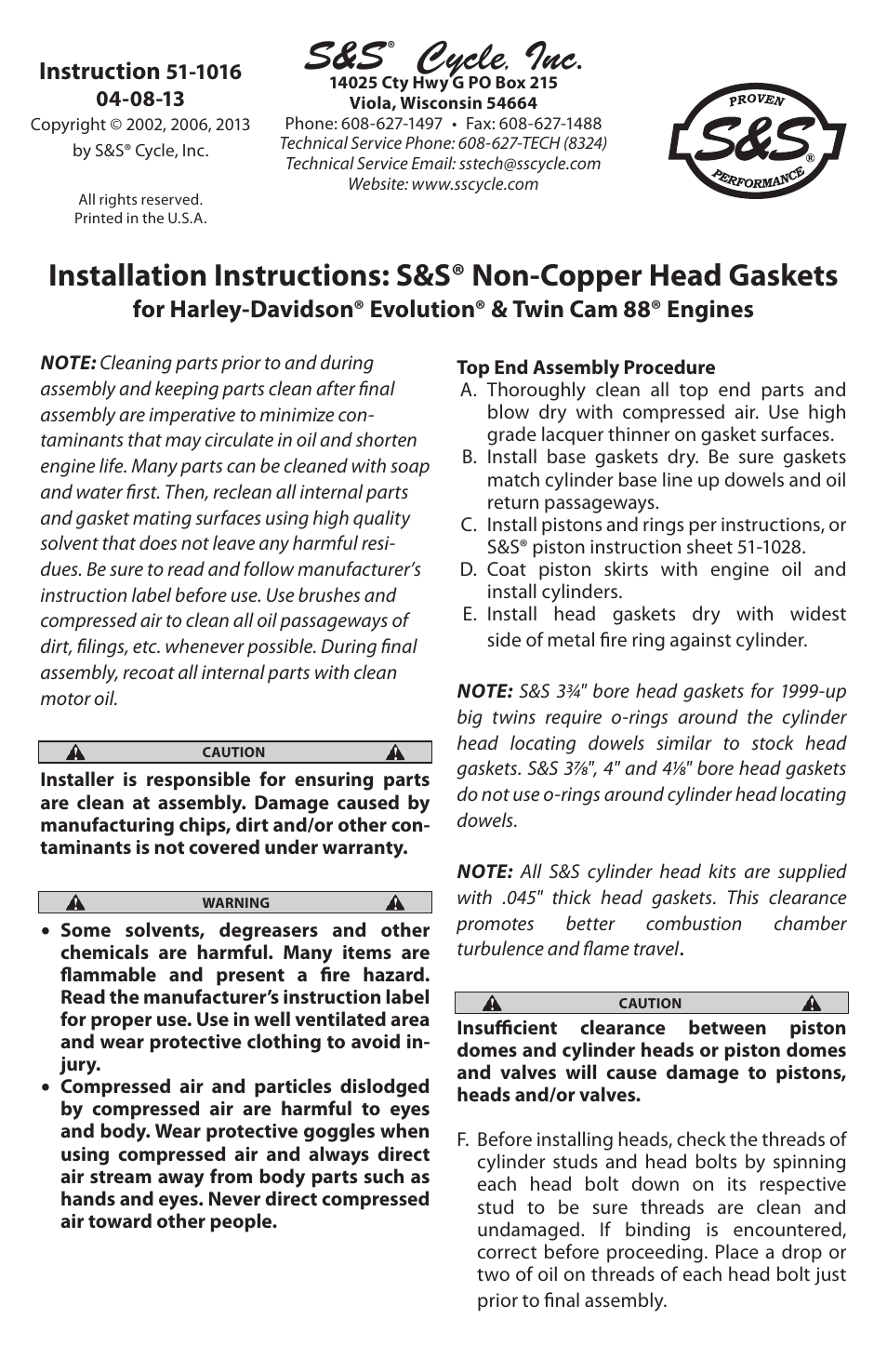 S&S Cycle Non-Copper Head Gaskets for Harley-Davidson Evolution & Twin Cam 88 Engines User Manual | 2 pages