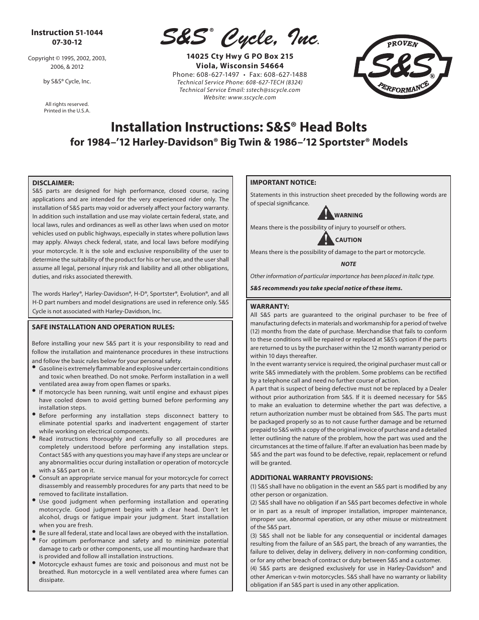 S&S Cycle Head Bolts for 1984–12 Harley-Davidson Big Twin & 1986–12 Sportster Models User Manual | 4 pages