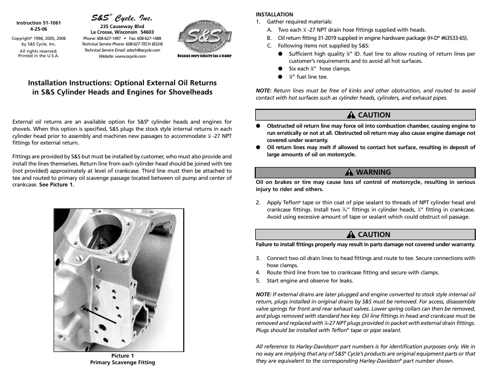 S&S Cycle Optional External Oil Returns in S&S Cylinder Heads and Engines for Shovelheads User Manual | 1 page