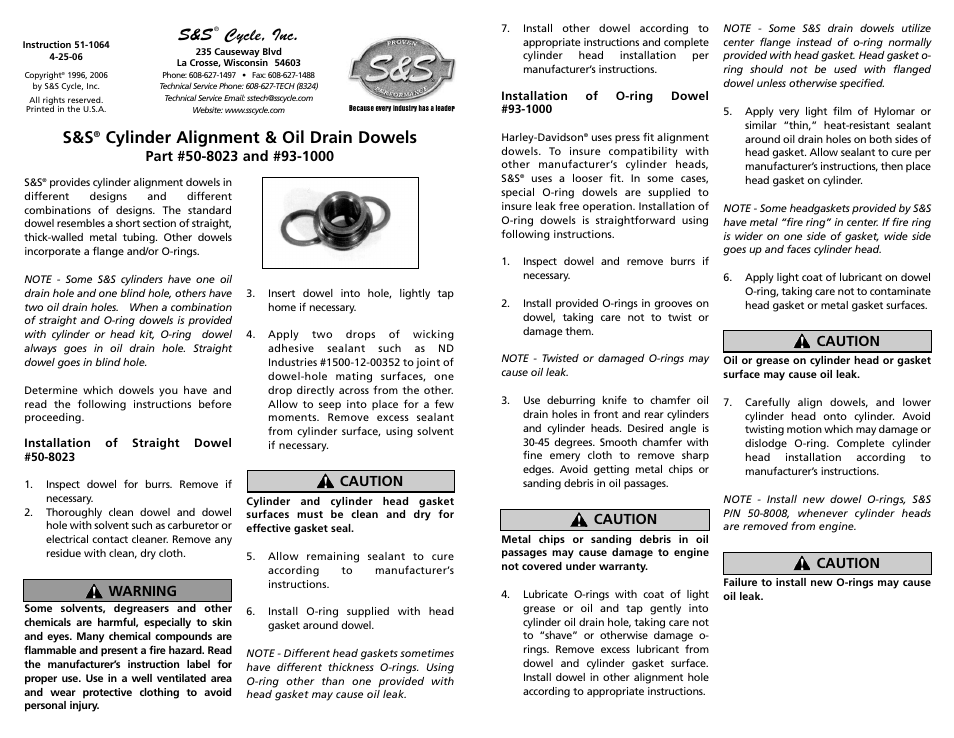 S&S Cycle Cylinder Alignment & Oil Drain Dowels Part 50-8023 and 93-1000 User Manual | 1 page