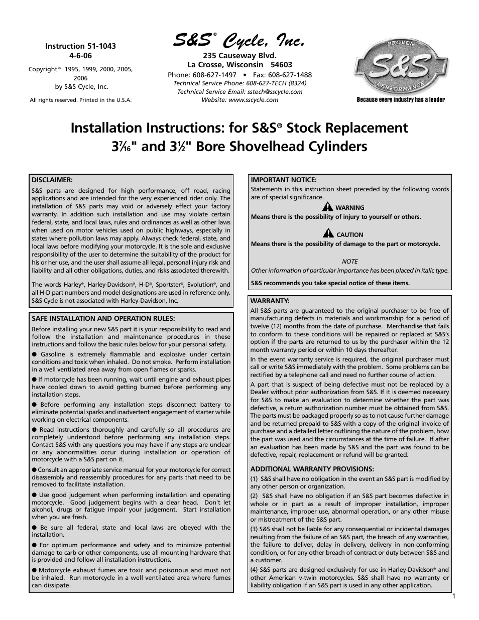 S&S Cycle Stock Replacement 3 7/16 and 3 1/2 Bore Shovelhead Cylinders User Manual | 4 pages