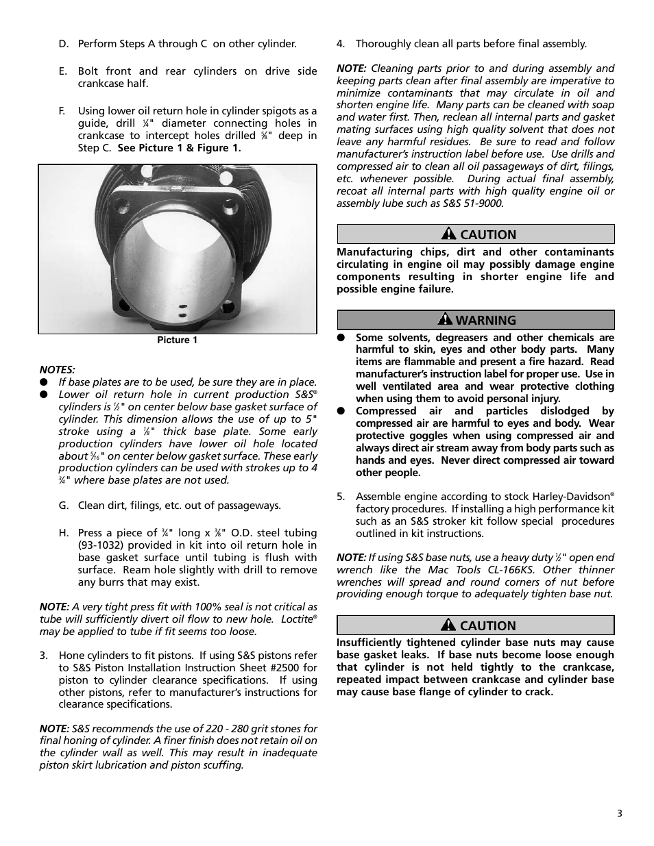 Caution warning caution | S&S Cycle Stock Replacement 3 7/16 and 3 1/2 Bore Shovelhead Cylinders User Manual | Page 3 / 4