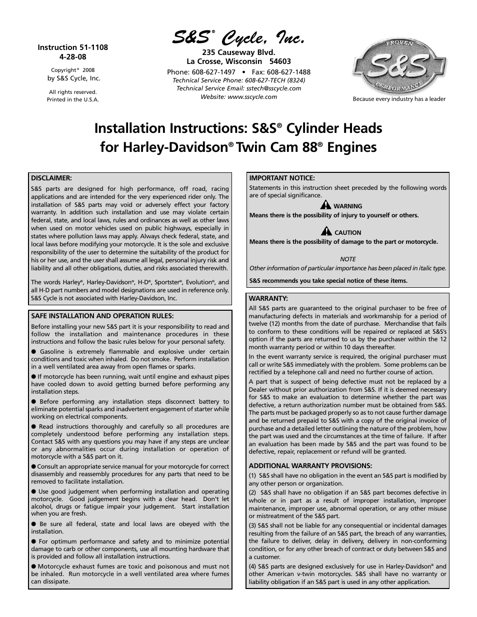 S&S Cycle Cylinder Heads for Harley-Davidson Twin Cam 88 Engines User Manual | 8 pages