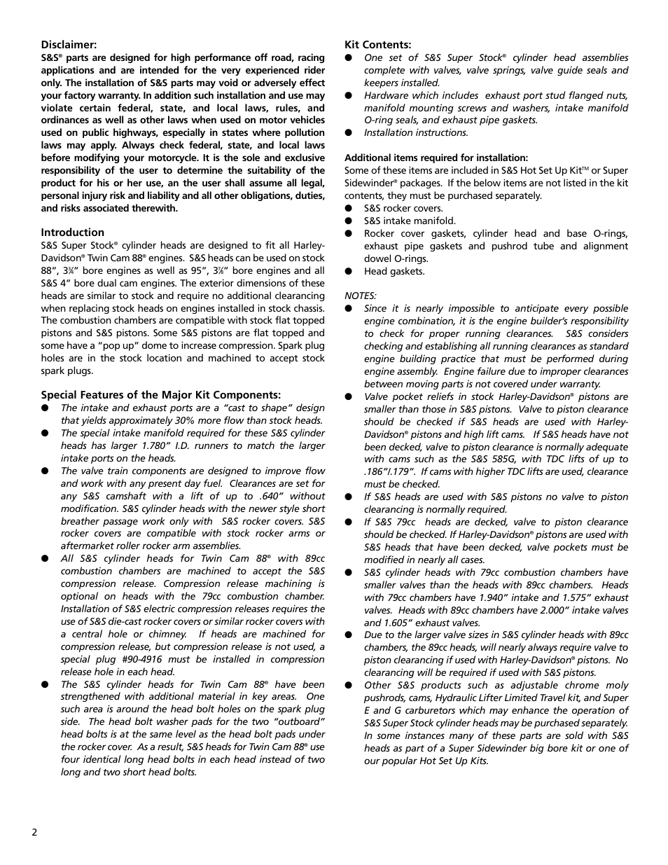 S&S Cycle Cylinder Heads for Harley-Davidson Twin Cam 88 Engines User Manual | Page 2 / 8