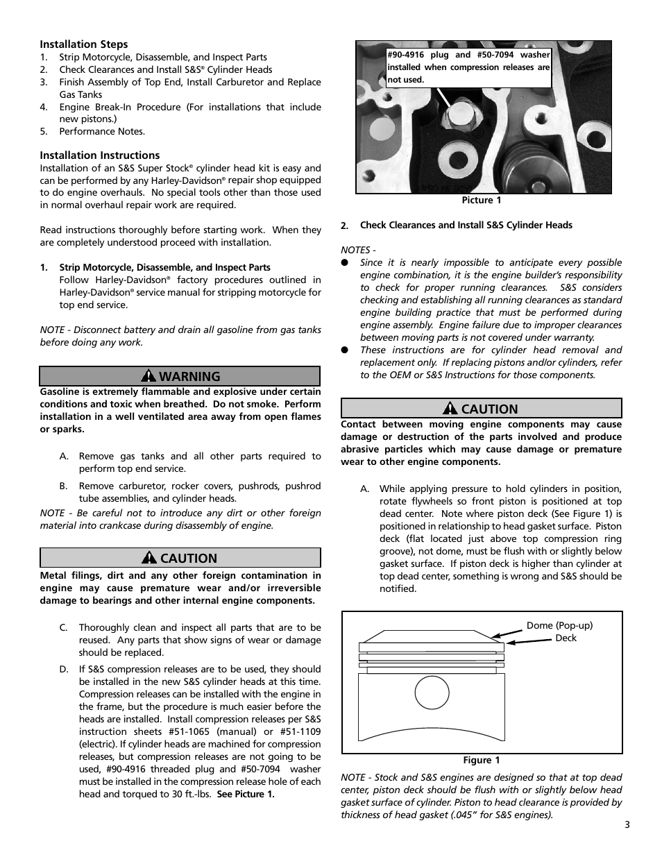 Warning caution, Caution | S&S Cycle Cylinder Heads for Harley-Davidson Twin Cam 88 Engines User Manual | Page 3 / 8