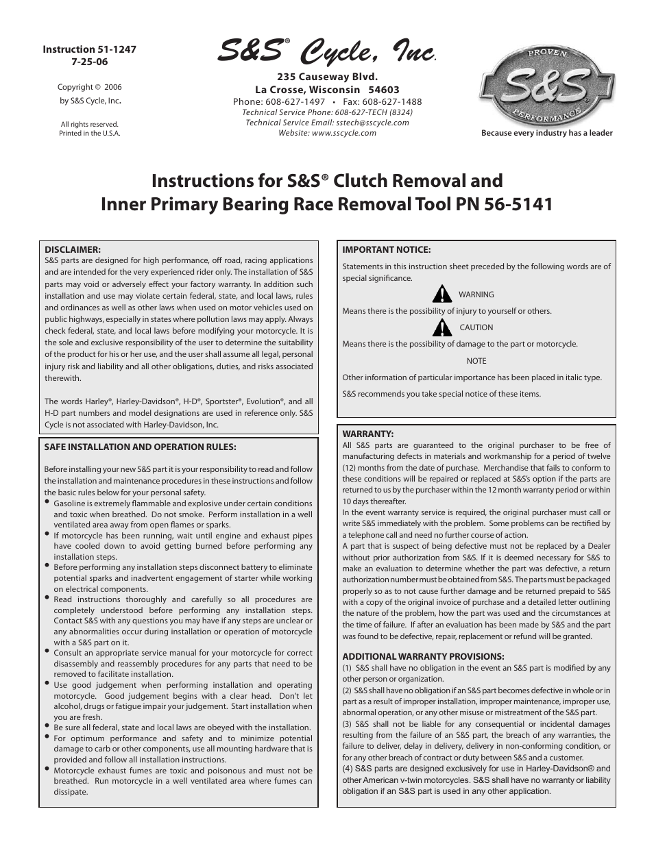 S&S Cycle Clutch Removal and Inner Primary Bearing Race Removal Tool PN 56-5141 User Manual | 4 pages