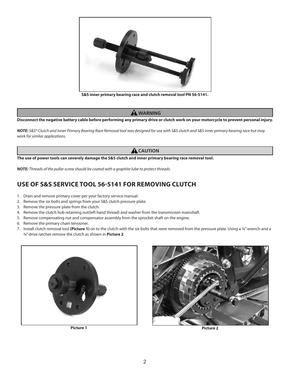 S&S Cycle Clutch Removal and Inner Primary Bearing Race Removal Tool PN 56-5141 User Manual | Page 2 / 4