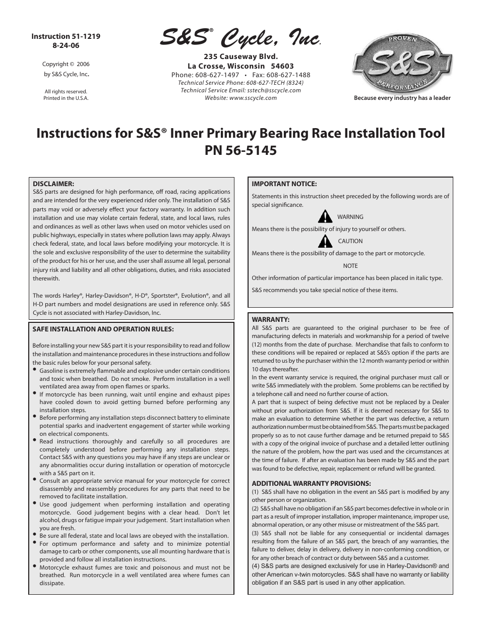 S&S Cycle Inner Primary Bearing Race Installation Tool PN 56-5145 User Manual | 2 pages