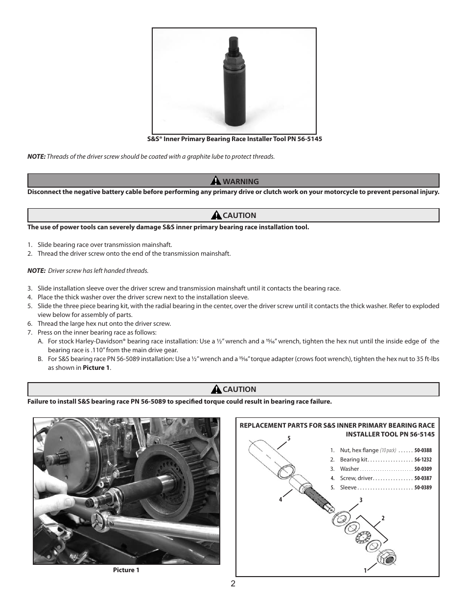 S&S Cycle Inner Primary Bearing Race Installation Tool PN 56-5145 User Manual | Page 2 / 2