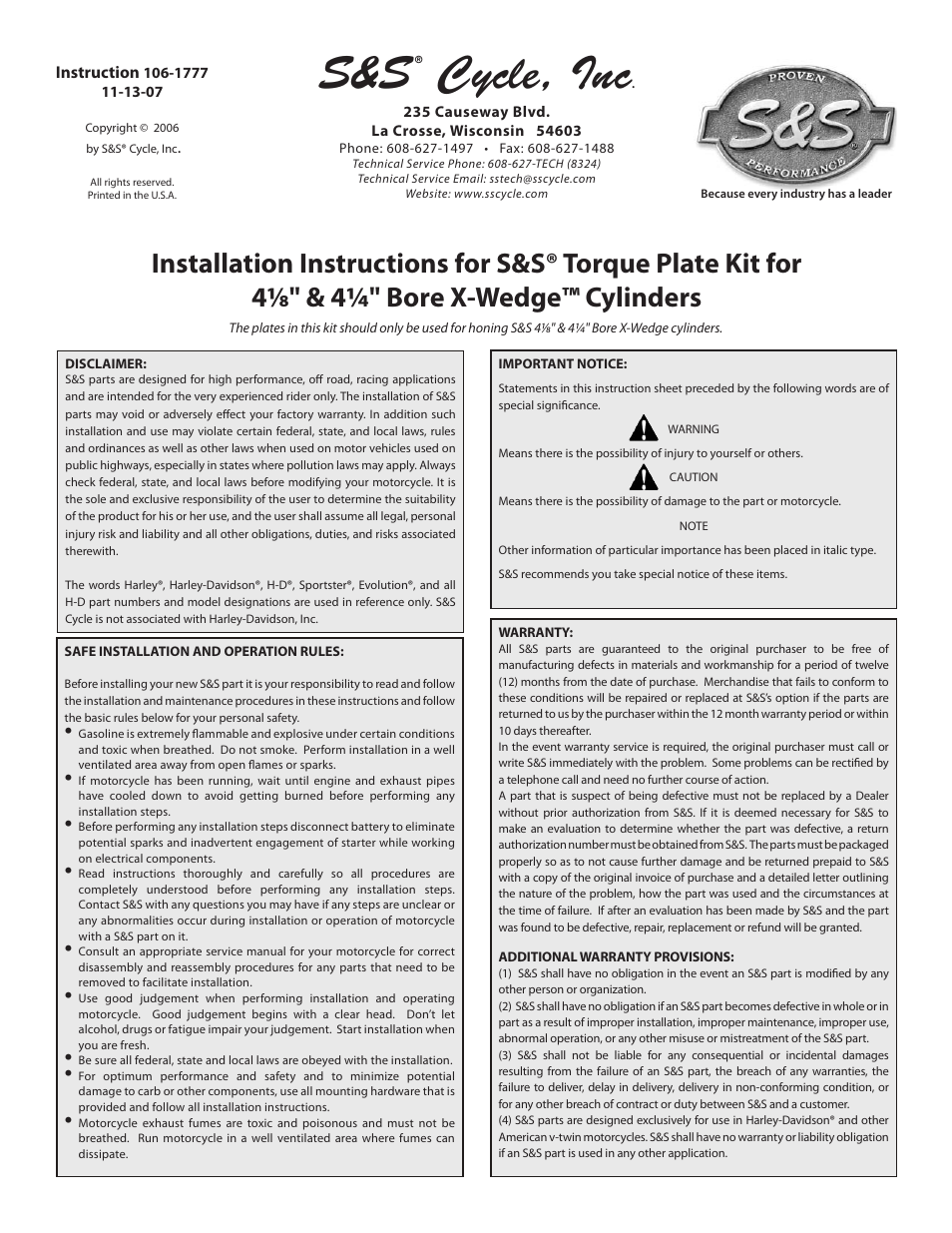 S&S Cycle Torque Plate Kit for 4 1/8 & 4 1/4 Bore X-Wedge Cylinders User Manual | 4 pages