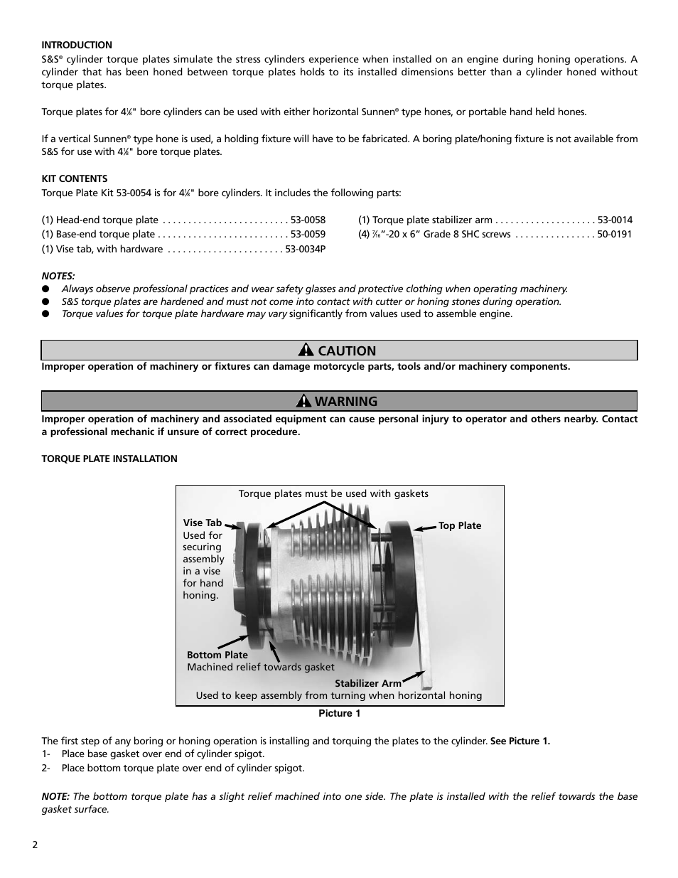 Warning caution | S&S Cycle Torque Plate Kit for 4 1/8 Bore Stock Pattern Cylinders for 1999-Up Big Twin Engines User Manual | Page 2 / 4