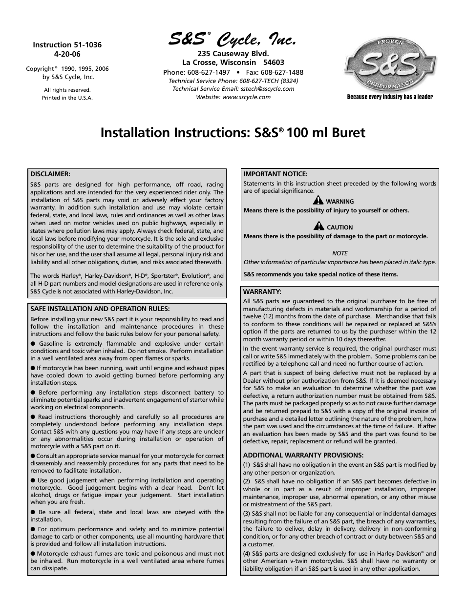 S&S Cycle Buret 100 ml User Manual | 2 pages