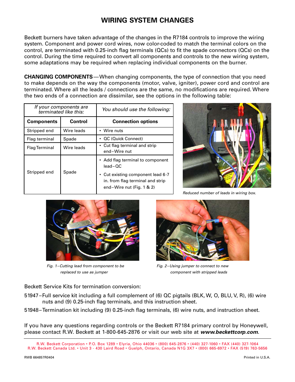 Wiring system changes | Beckett R7184 User Manual | Page 2 / 2