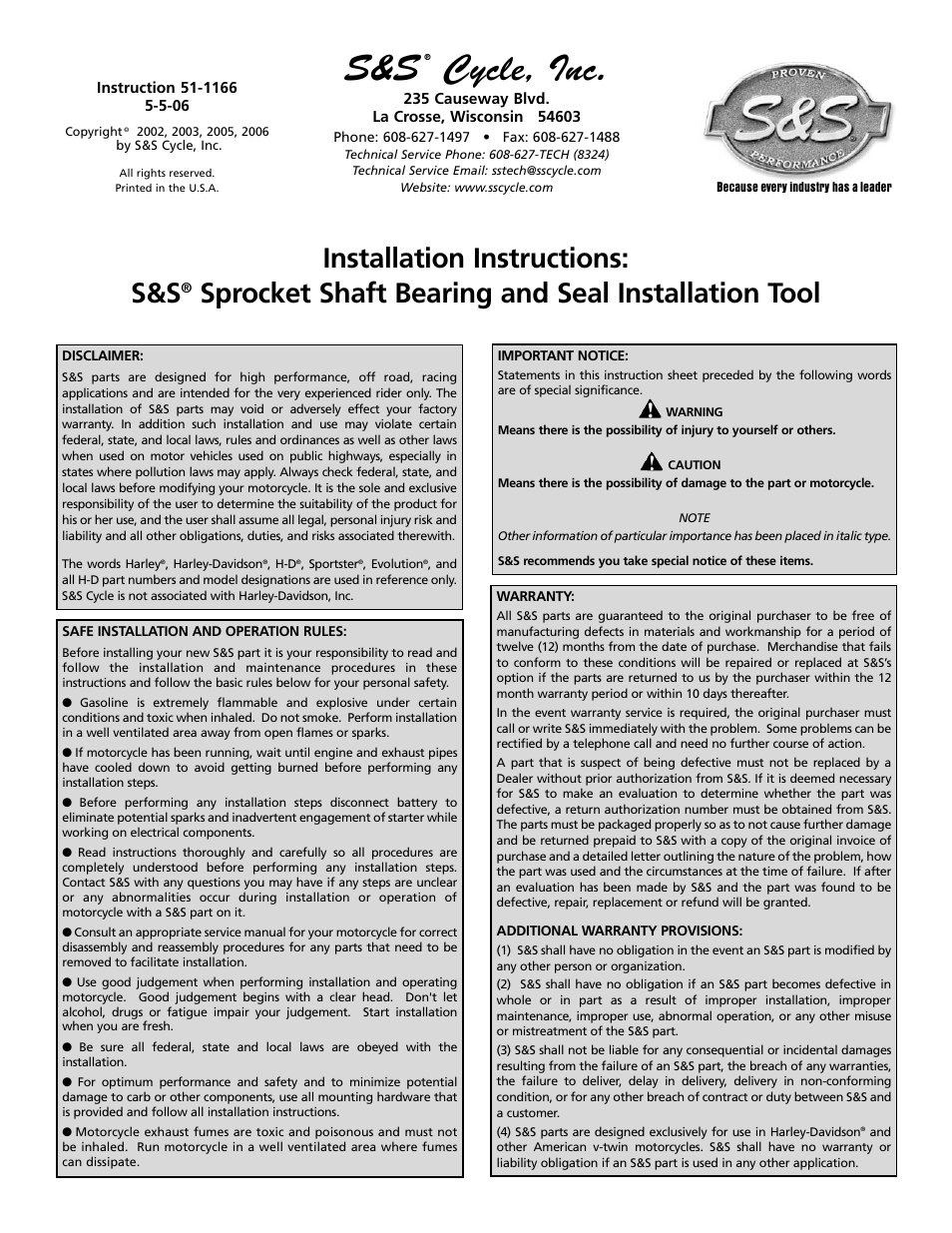 S&S Cycle Sprocket Shaft Bearing and Seal Installation Tool User Manual | 4 pages