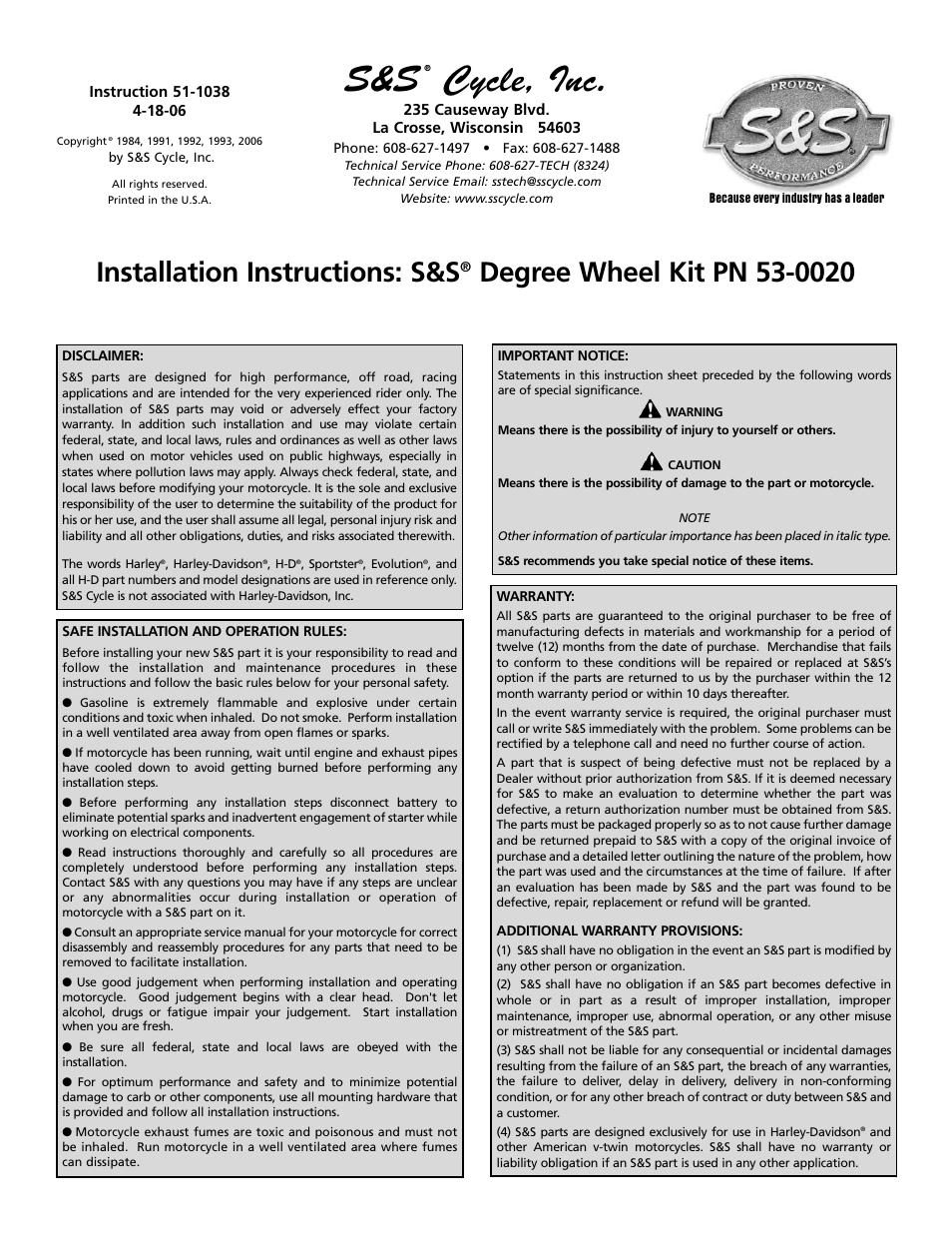 S&S Cycle Degree Wheel Kit PN 53-0020 User Manual | 4 pages