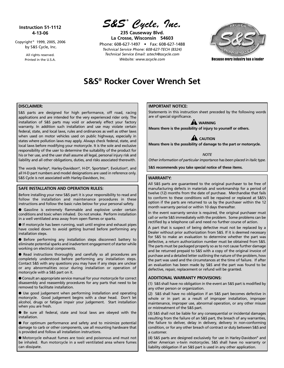 S&S Cycle Rocker Cover Wrench Set User Manual | 2 pages