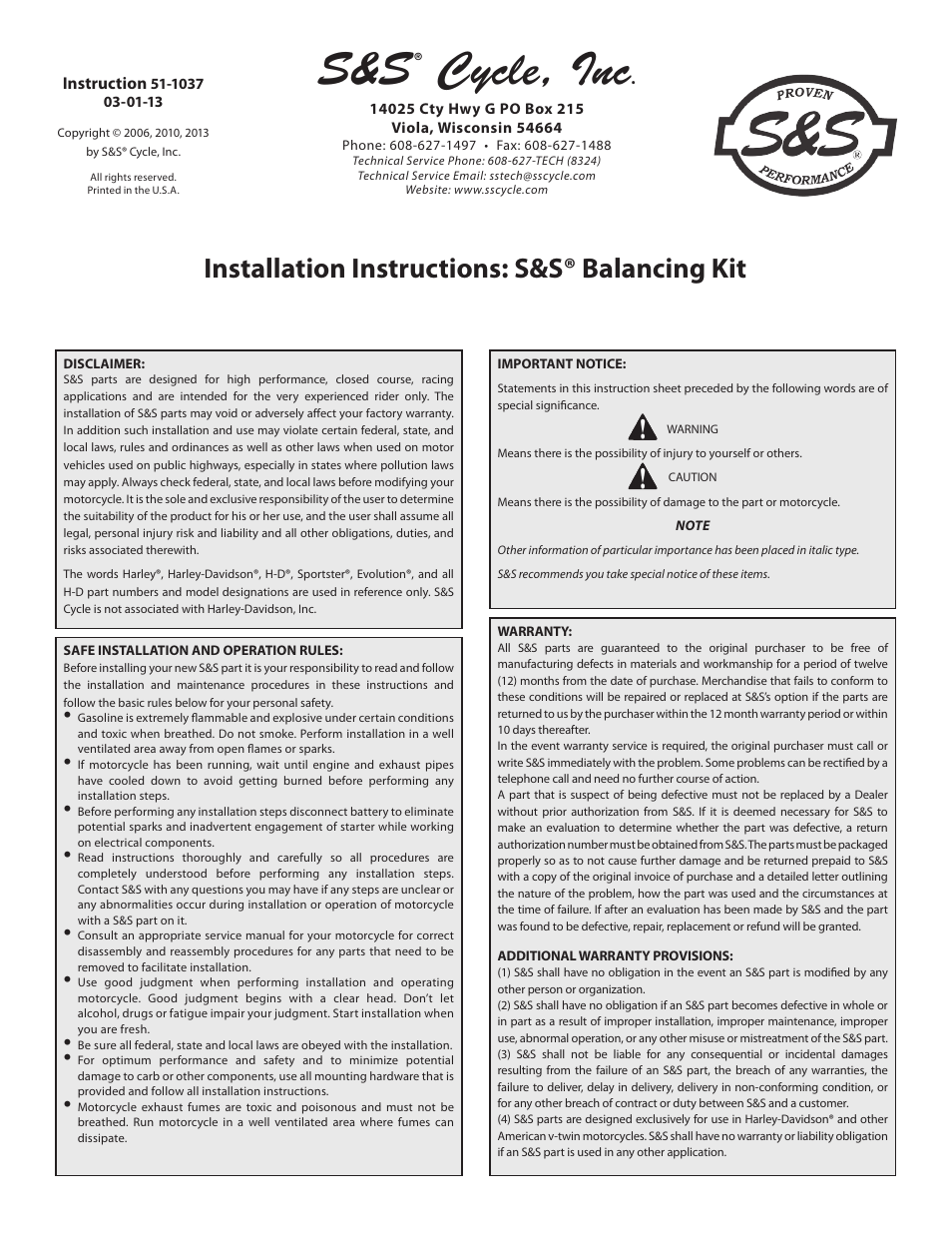 S&S Cycle Balancing Kit User Manual | 9 pages