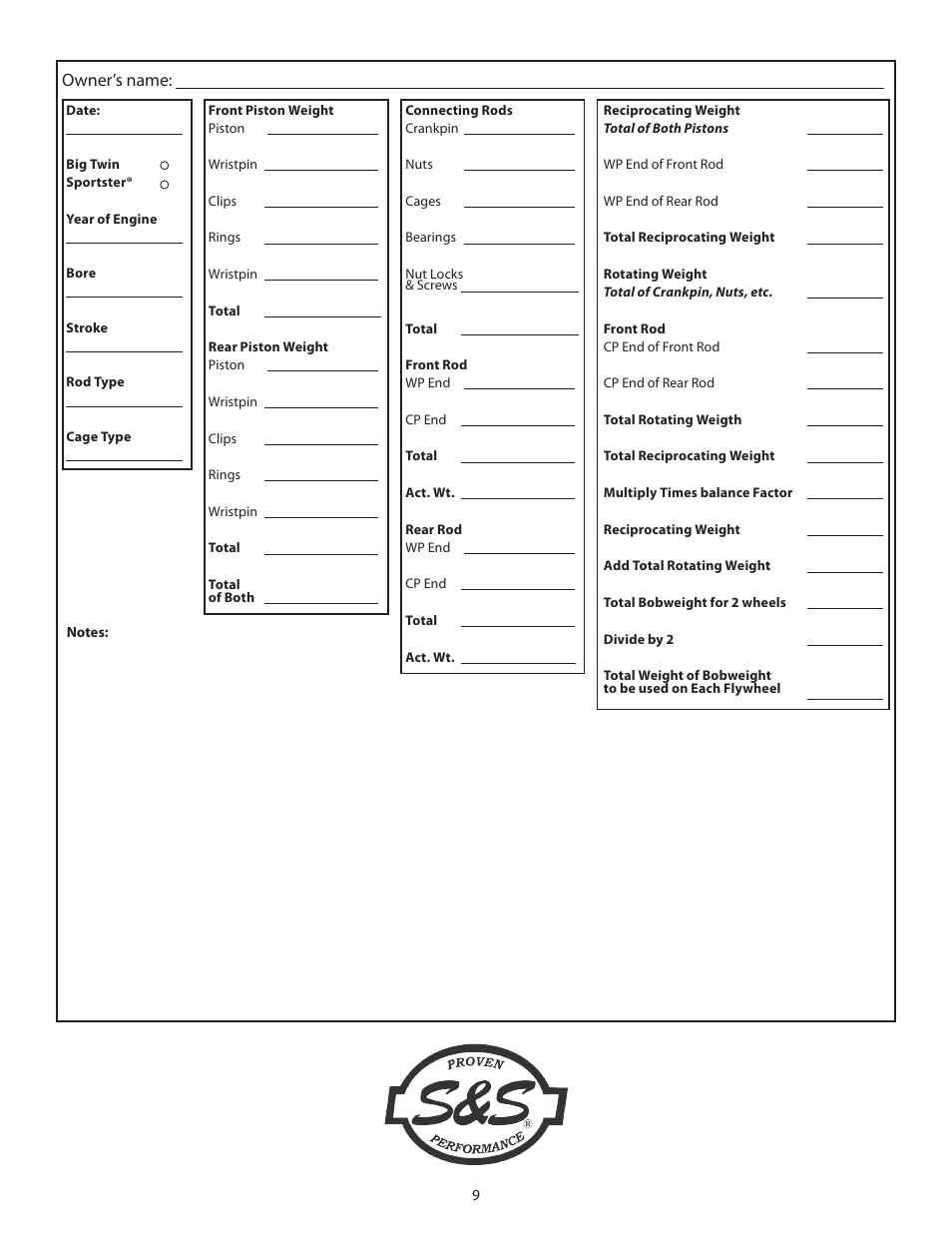 Owner’s name | S&S Cycle Balancing Kit User Manual | Page 9 / 9