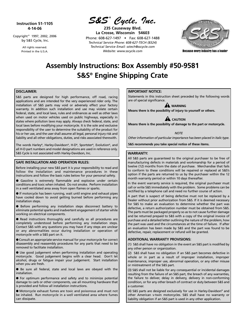 S&S Cycle Engine Shipping Crate Box Assembly 50-9581 User Manual | 4 pages