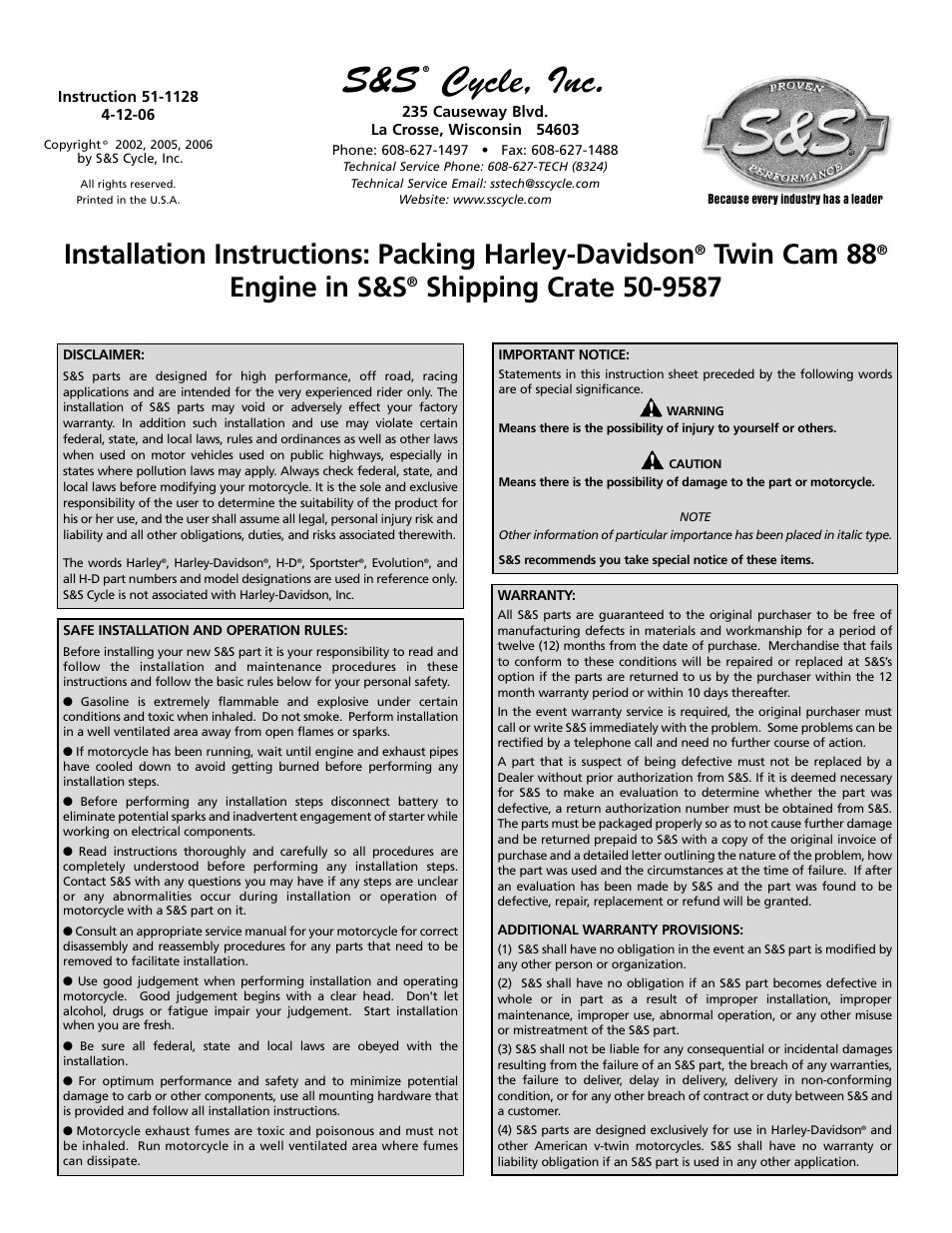 S&S Cycle Packing Harley-Davidson Twin Cam 88 Engine in S&S Shipping Crate 50-9587 User Manual | 2 pages