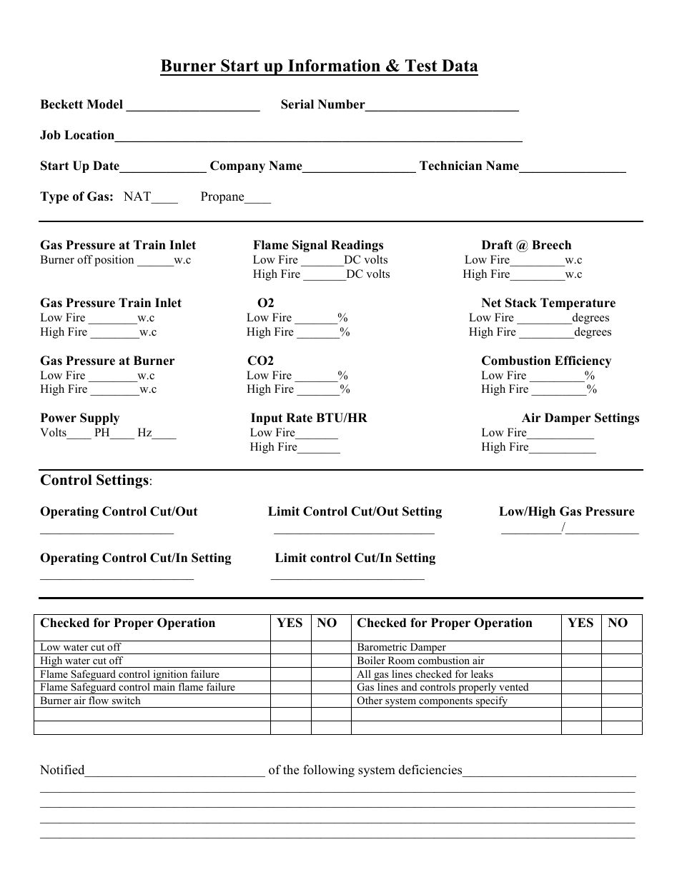 Burner start up information & test data, Control settings | Beckett CG15 User Manual | Page 5 / 5