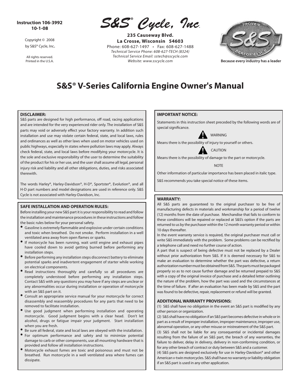 S&S Cycle California V-Series Engine User Manual | 8 pages