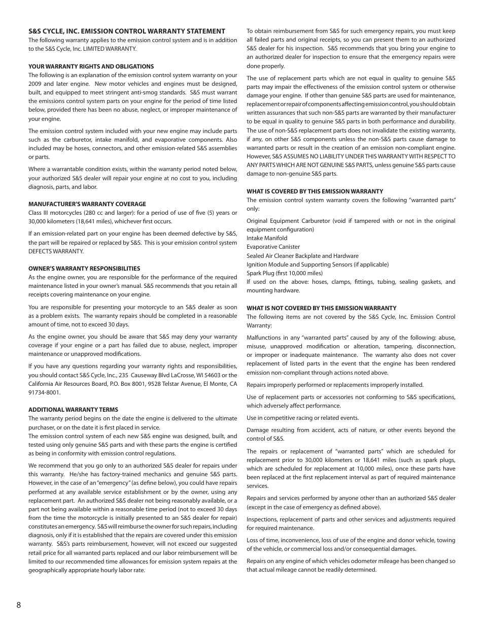 S&S Cycle California V-Series Engine User Manual | Page 8 / 8