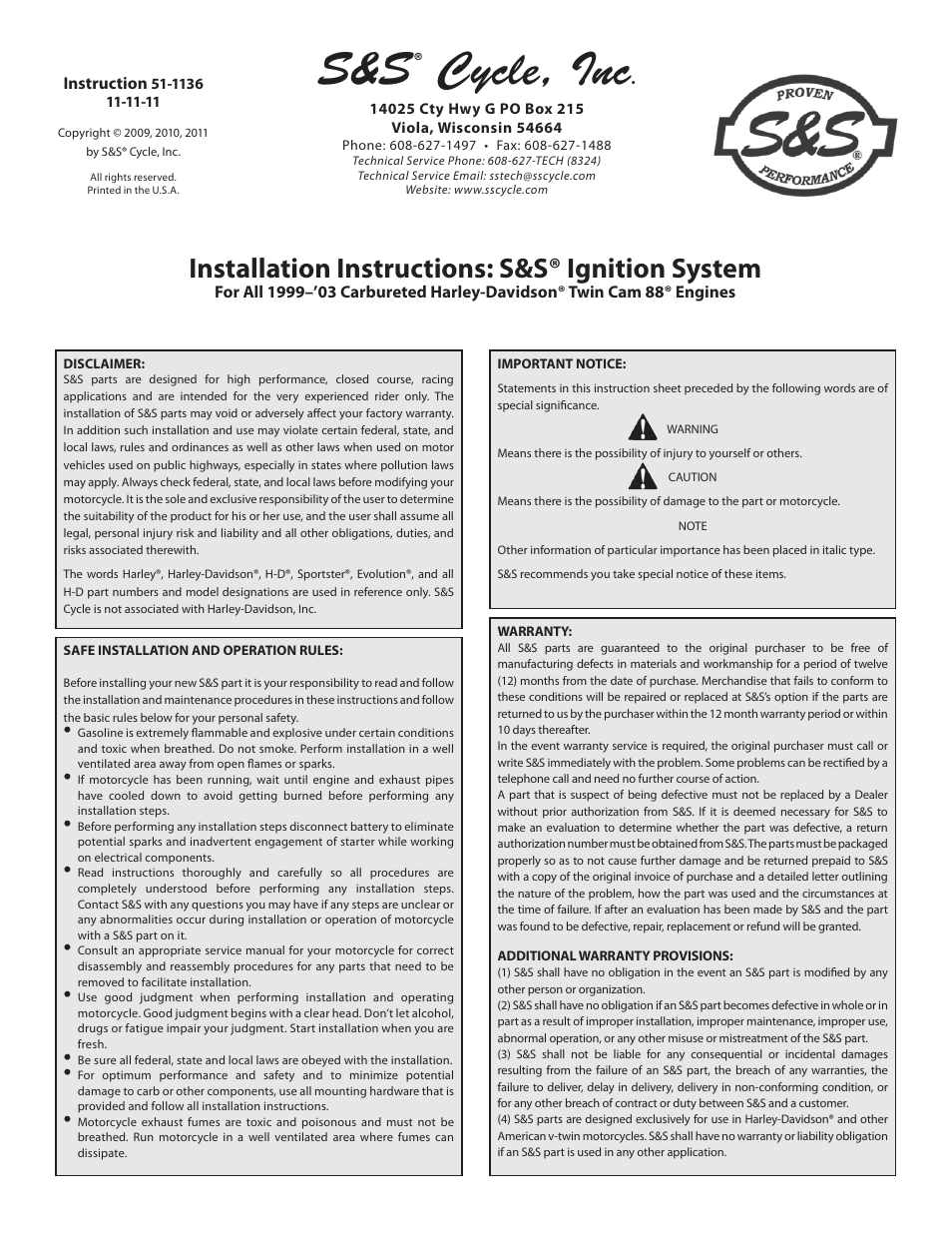 S&S Cycle Ignition System For All 1999–03 Carbureted Harley-Davidson Twin Cam 88 Engines User Manual | 14 pages