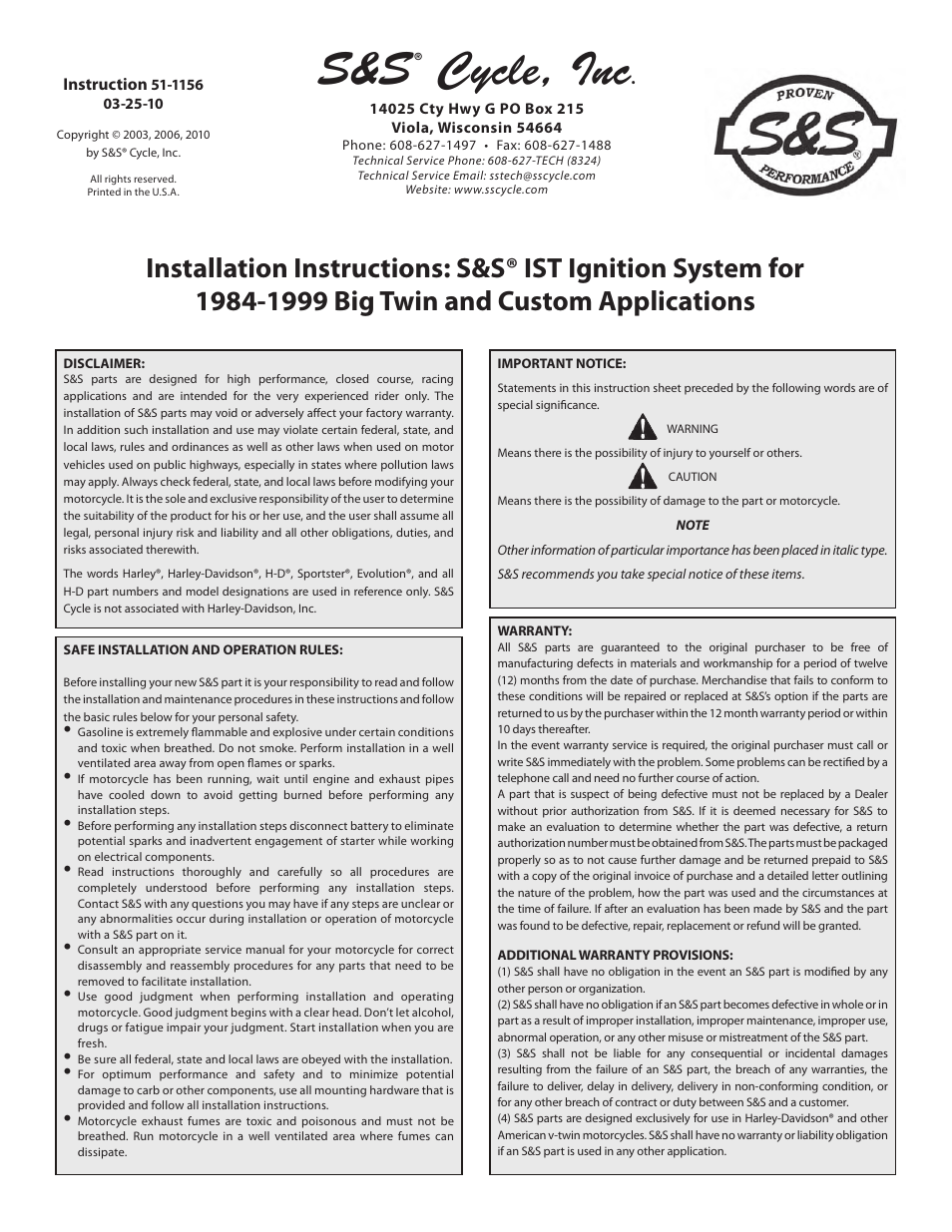 S&S Cycle IST Ignition System for 1984-1999 Big Twin and Custom Applications User Manual | 17 pages