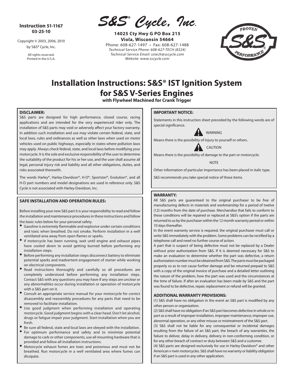 S&S Cycle IST Ignition System for S&S V-Series Engines with Flywheel Machined for Crank Trigger User Manual | 14 pages