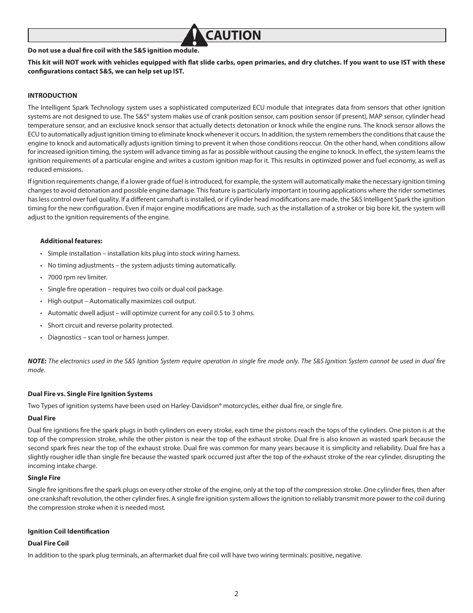 Caution | S&S Cycle IST Ignition System for S&S V-Series Engines with Flywheel Machined for Crank Trigger User Manual | Page 2 / 14