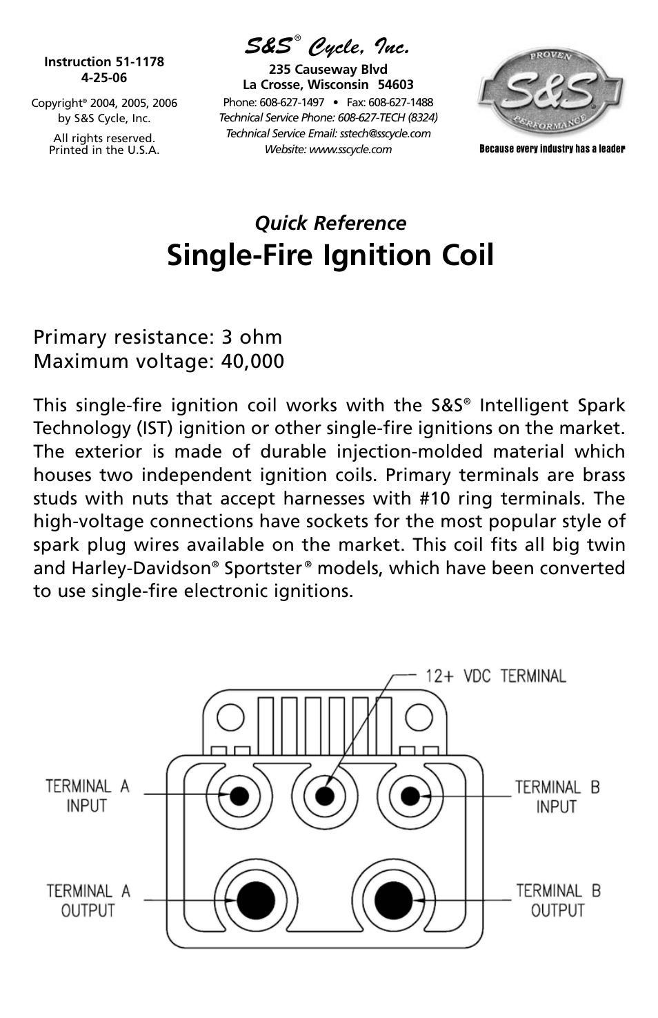 S&S Cycle Single-Fire Ignition Coil User Manual | 1 page