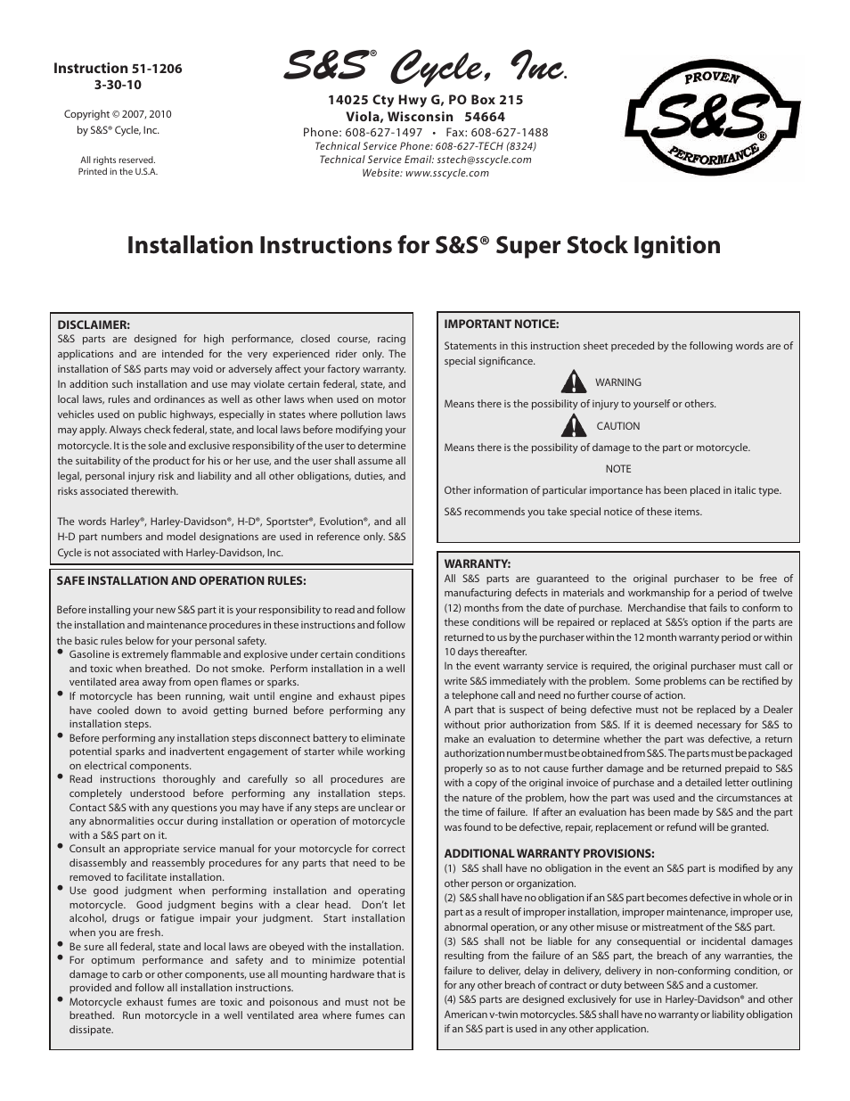 S&S Cycle Super Stock Ignition User Manual | 8 pages