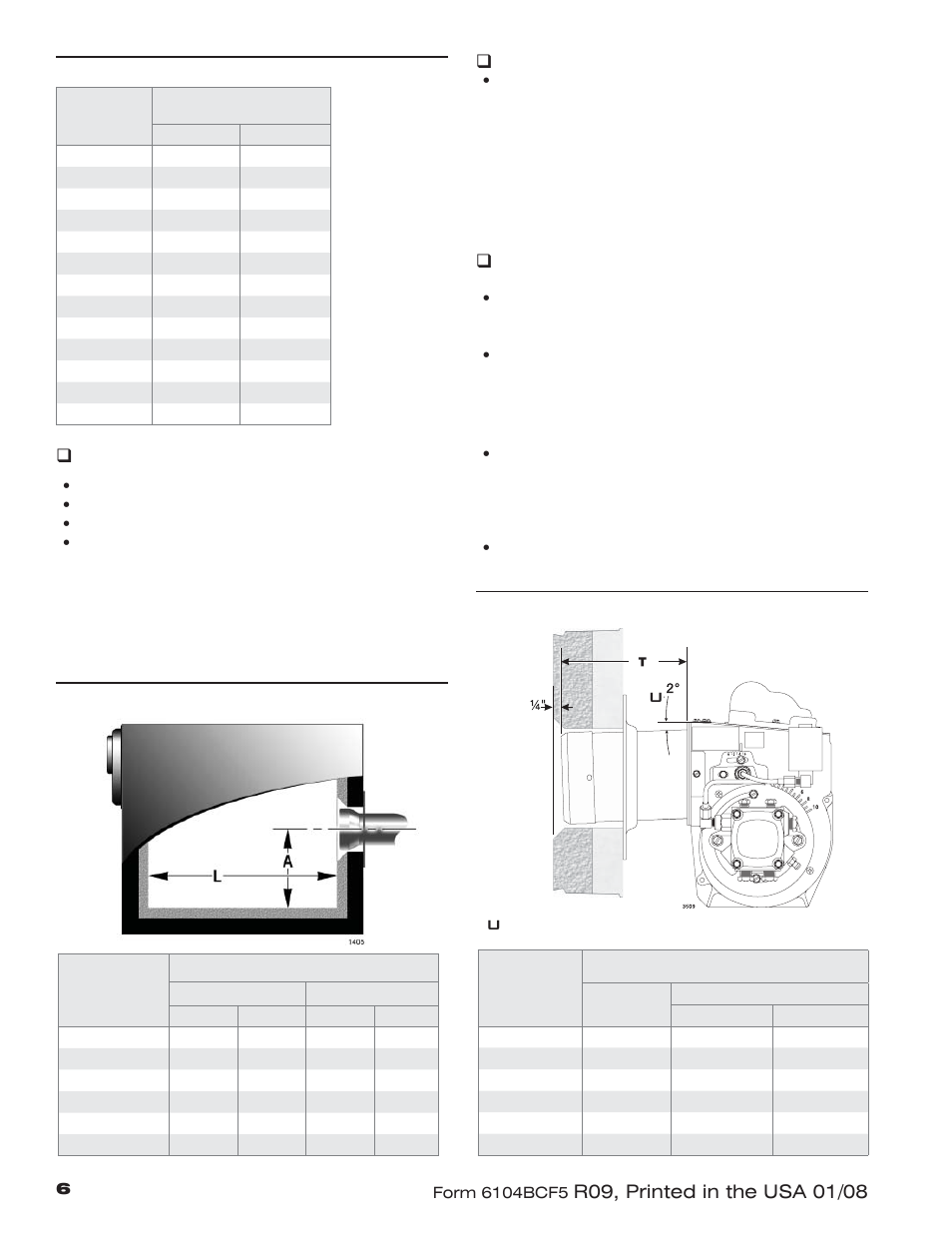 Y y y y, Install burner with 2o pitch as shown, Cf500 | Cf800, Y  y y y y, Verify burner components, Table 1 - nozzle capacities, Verify air tube, Figure 2. min. combustion chamber dimensions | Beckett CF 500/800 User Manual | Page 6 / 16