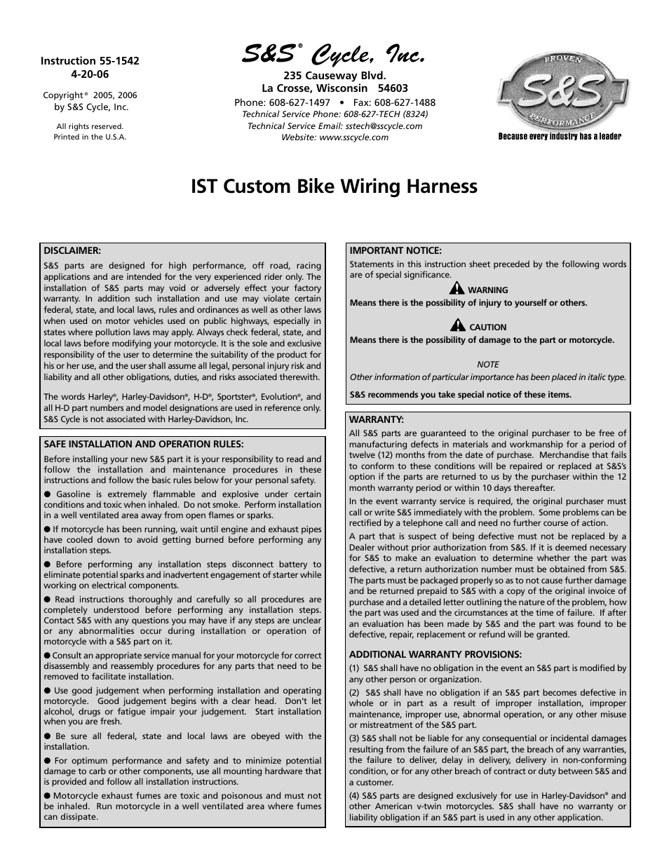 S&S Cycle IST Custom Bike Wiring Harness User Manual | 2 pages