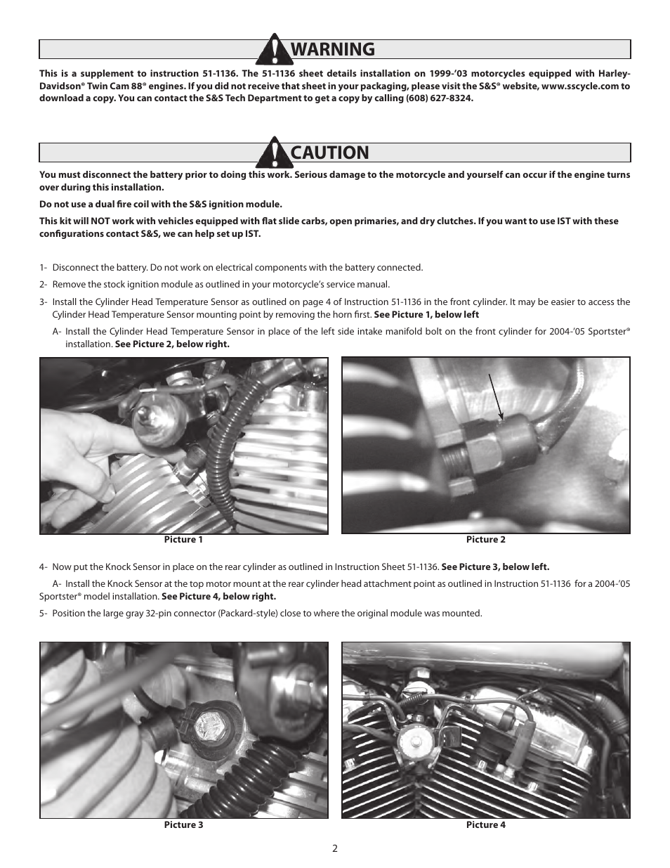 Warning, Caution | S&S Cycle IST Ignition System for 2004-Up Harley-Davidson Models User Manual | Page 2 / 5