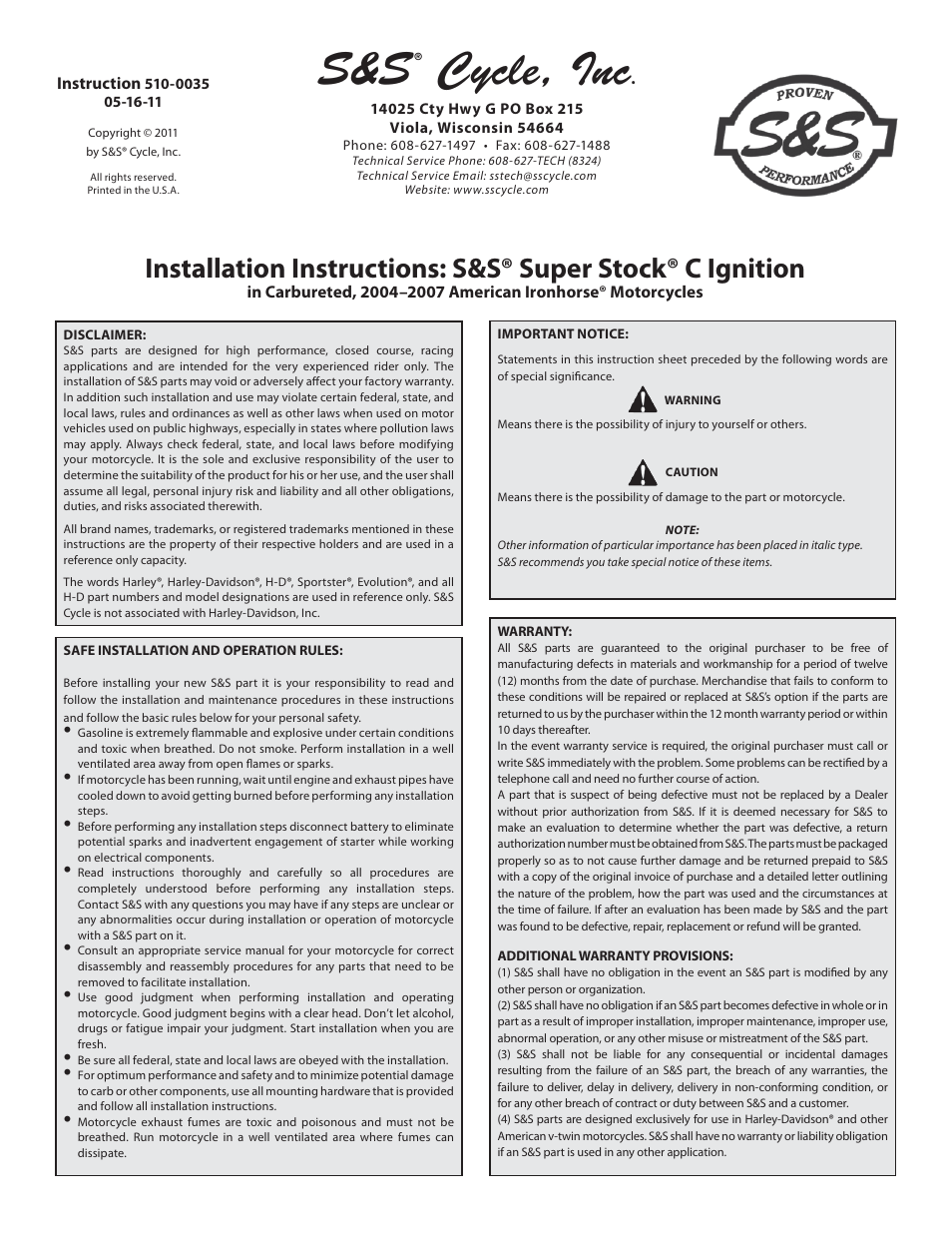 S&S Cycle Super Stock C Ignition in Carbureted, 2004–2007 American Ironhorse Motorcycles User Manual | 6 pages
