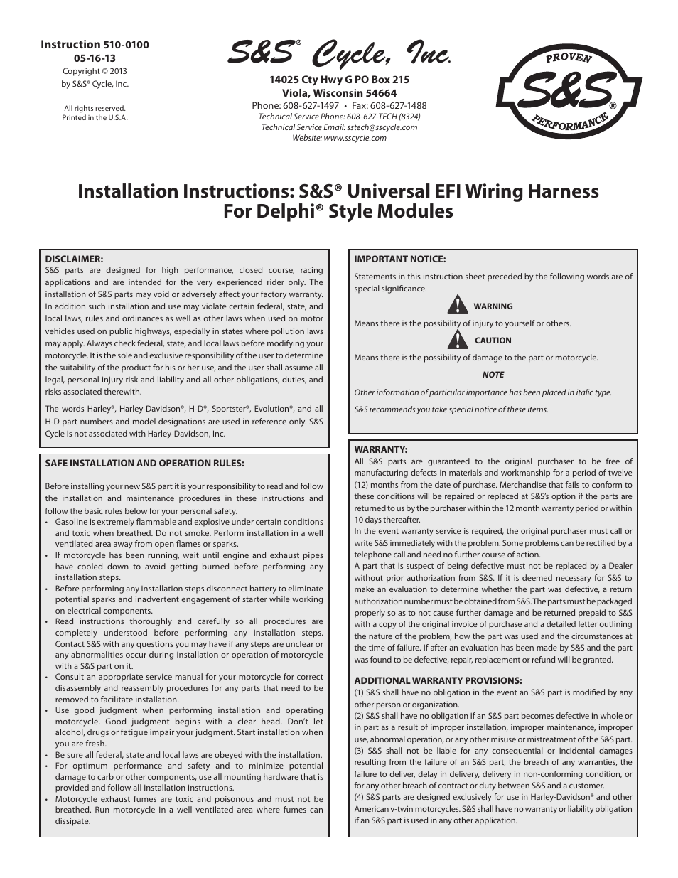 S&S Cycle Universal EFI Wiring Harness For Delphi Style Modules User Manual | 6 pages