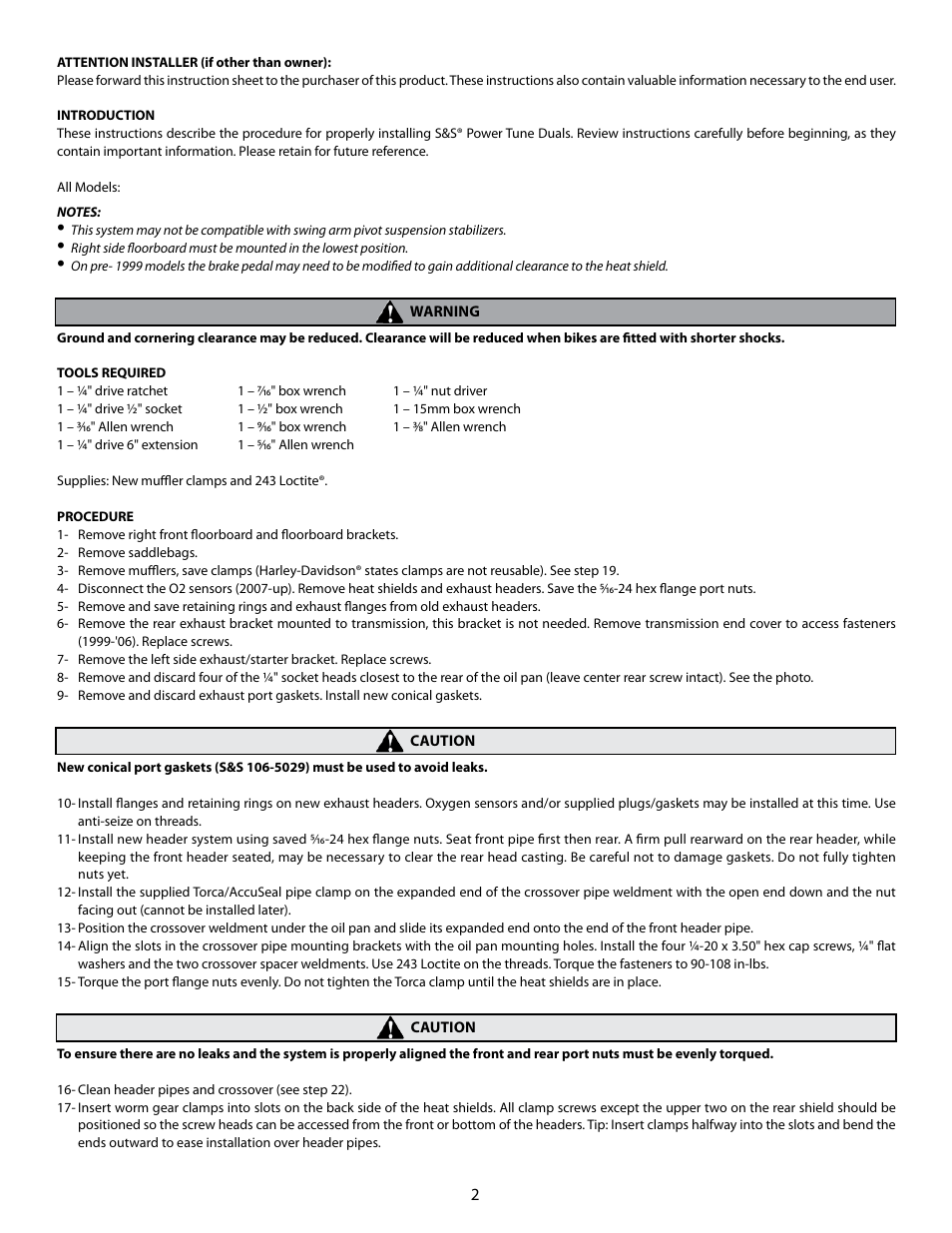 S&S Cycle Power Tune Duals For Touring Models 1995-2008 (PN 550-0003 & 550-0142) User Manual | Page 2 / 3