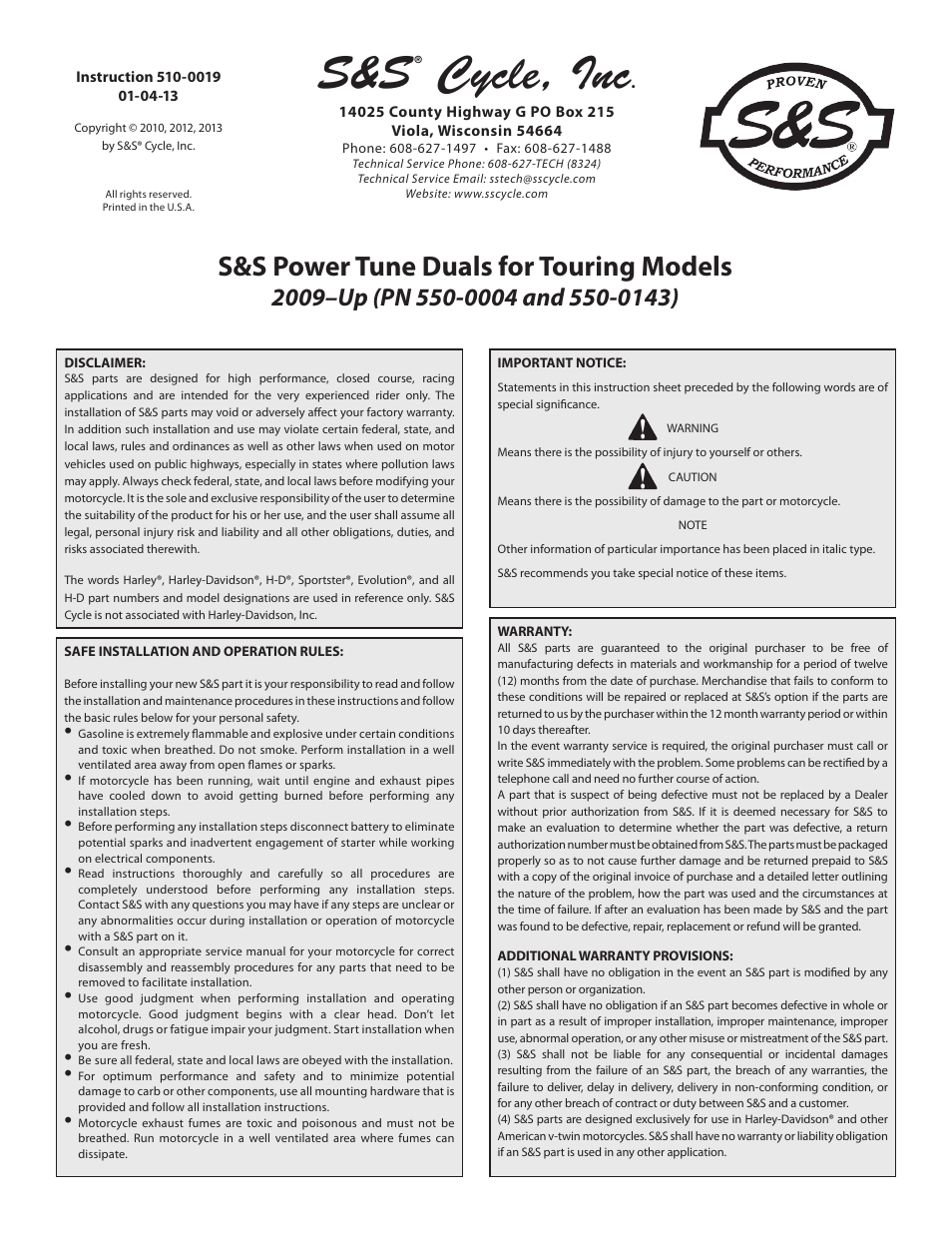 S&S Cycle Power Tune Duals for Touring Models 2009–Up (PN 550-0004 and 550-0143) User Manual | 3 pages