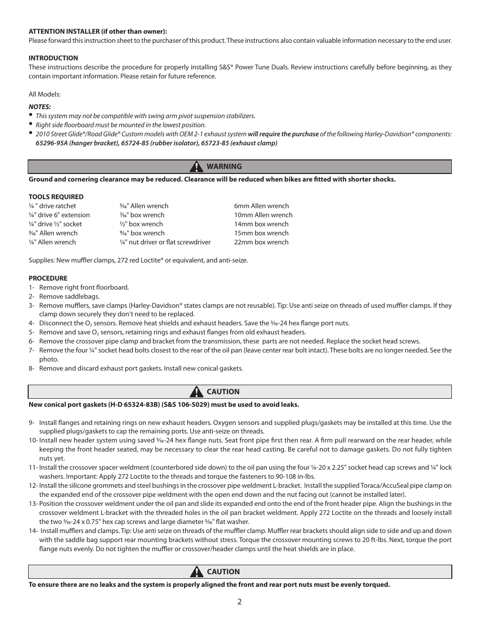 S&S Cycle Power Tune Duals for Touring Models 2009–Up (PN 550-0004 and 550-0143) User Manual | Page 2 / 3