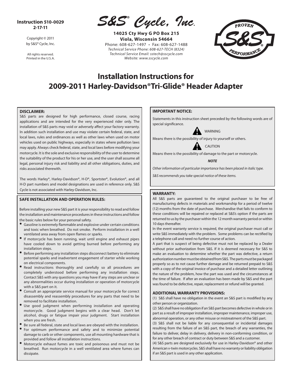 S&S Cycle Tri-Glide Header Adapter 2009-2011 Harley-Davidson User Manual | 2 pages