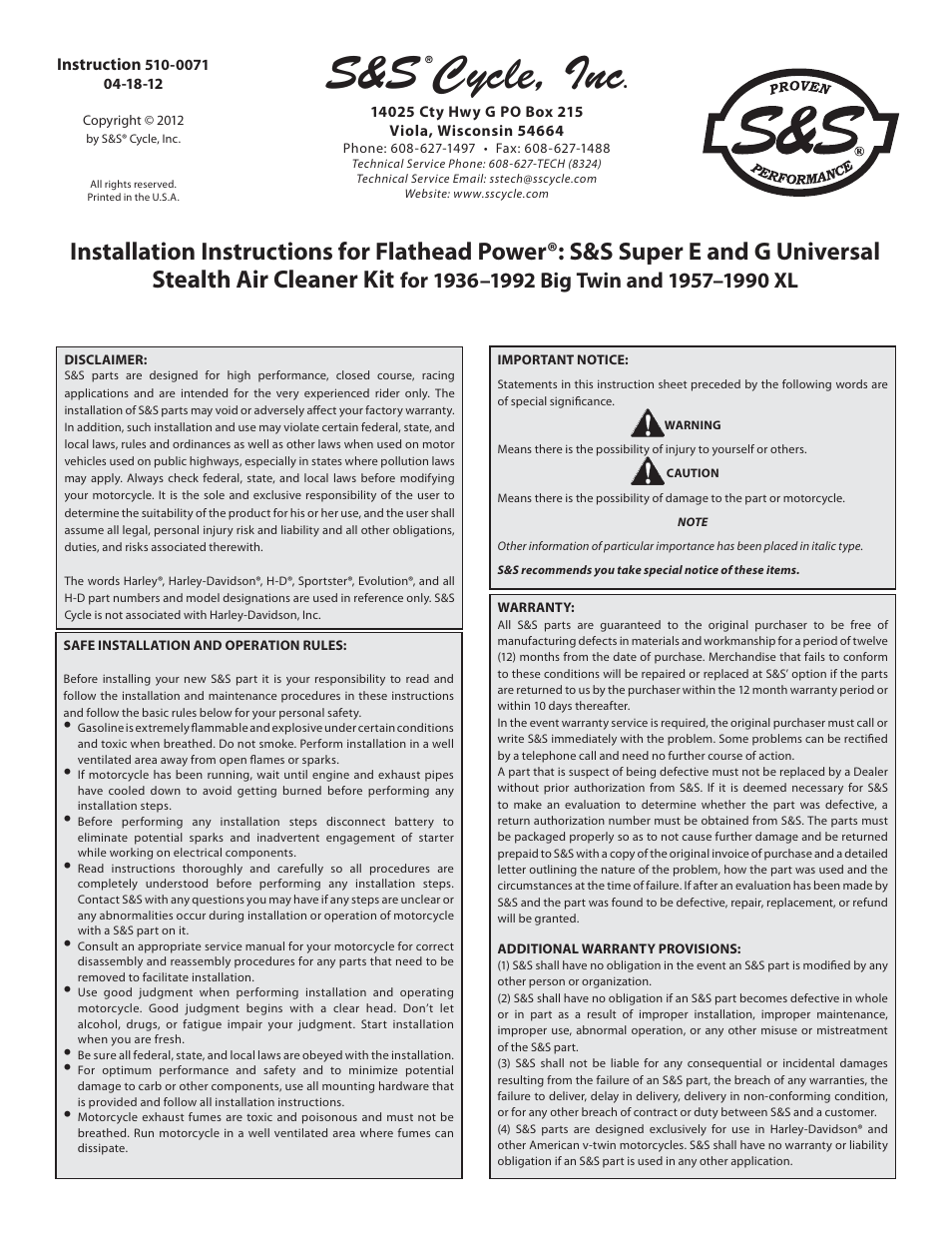 S&S Cycle Flathead Power Super E and G Universal Stealth Air Cleaner Kit for 1936–1992 Big Twin and 1957–1990 XL User Manual | 8 pages