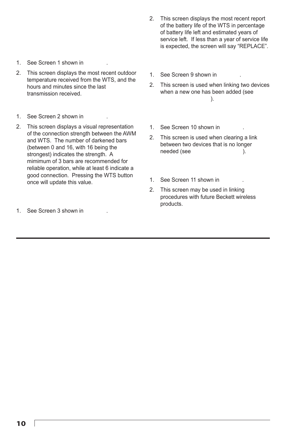 Other menu items, Current outdoor air temperature (oat), Signal strength | Current wts battery life, Adding connections, Clearing connections, Broadcast once | Beckett AQUASMART 7600WTM User Manual | Page 10 / 12