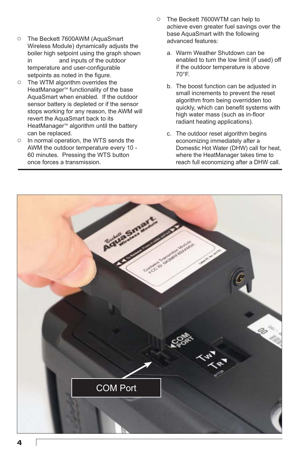 Operation, Com port, Figure 2 - awm installation | Beckett AQUASMART 7600WTM User Manual | Page 4 / 12